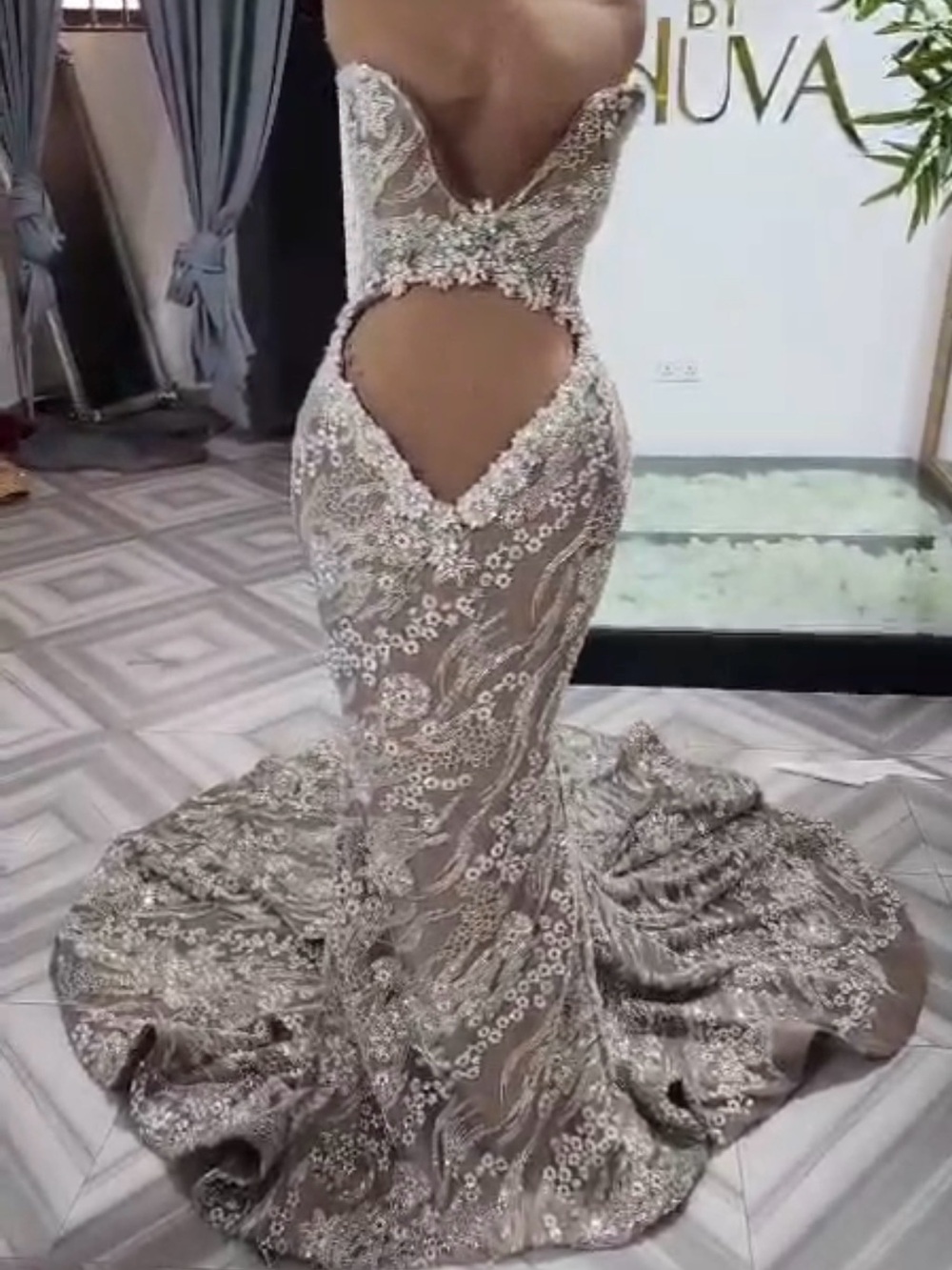 Strapless Sequin Cutout Maxi Dress in Silver-Grey